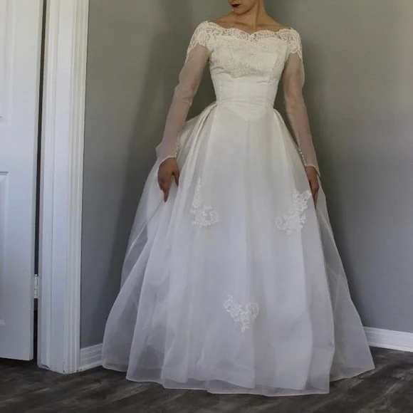 mixed media flare midi dress Country Style 1950s Short Wedding Dress Tea Length Polka Dots Full Circle Bridal  Gown
